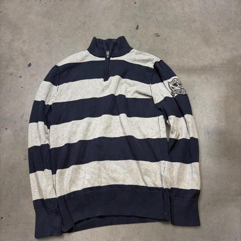 Nautica Mens Large Y2K Striped Quarter Zip Sweater Navy Blue Grey Crest Patch